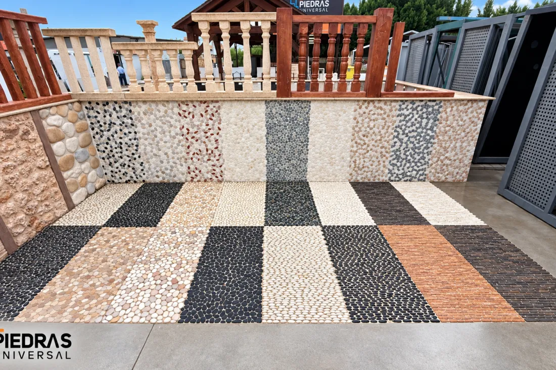 Exposición de cantos rodados, mosaicos y piedra decorativa
