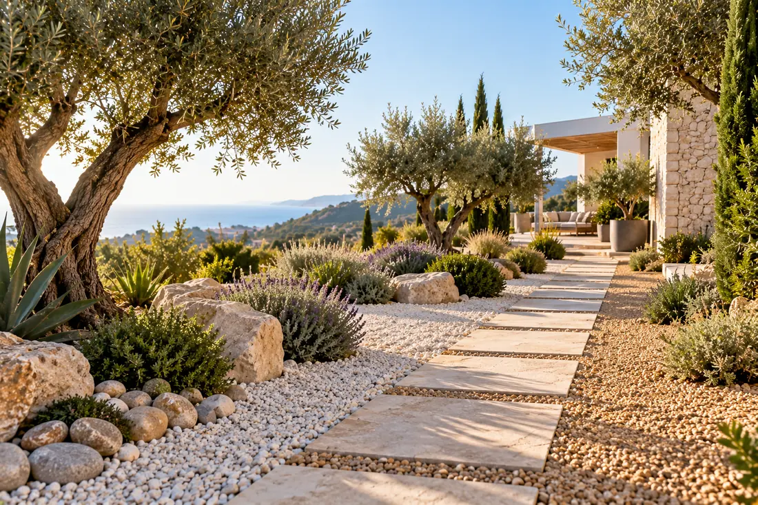 Jardín mediterráneo con grava blanca, gravilla dorada, lavanda y camino de losas de piedra