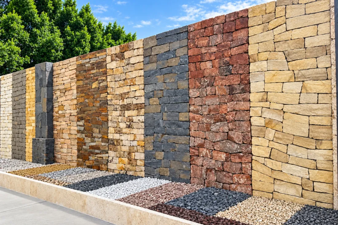 Muros expositores de piedra para revestir con áridos decorativos delante