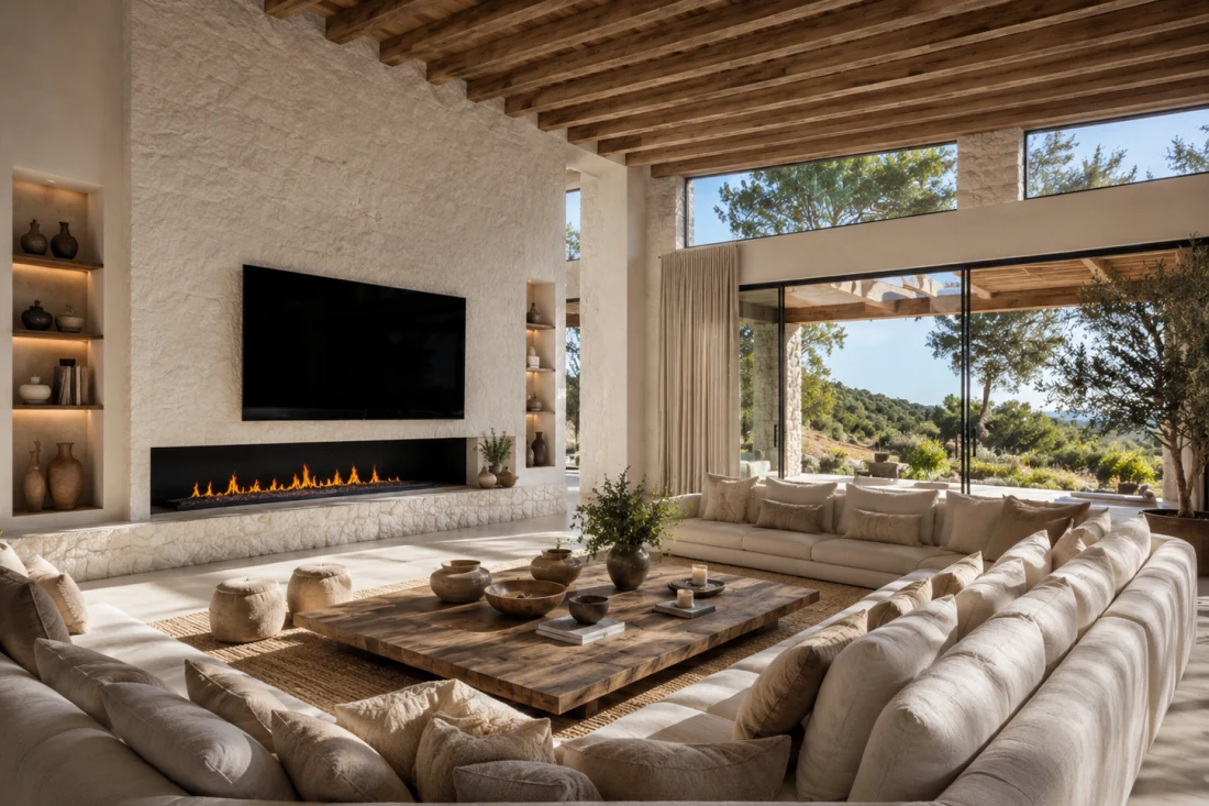 Muestras de interiorismo sobre una mesa de travertino: lino, roble, mármol y cerámica