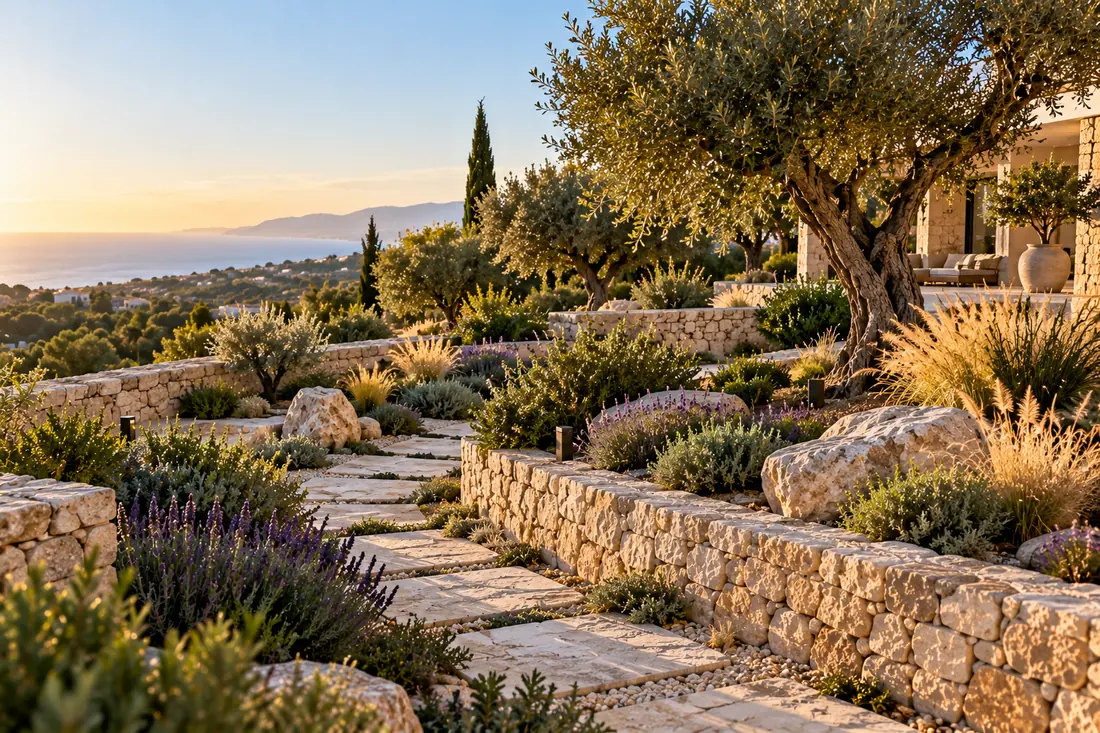 Jardín de villa con olivos, lavanda, gramíneas y camino de piedra natural