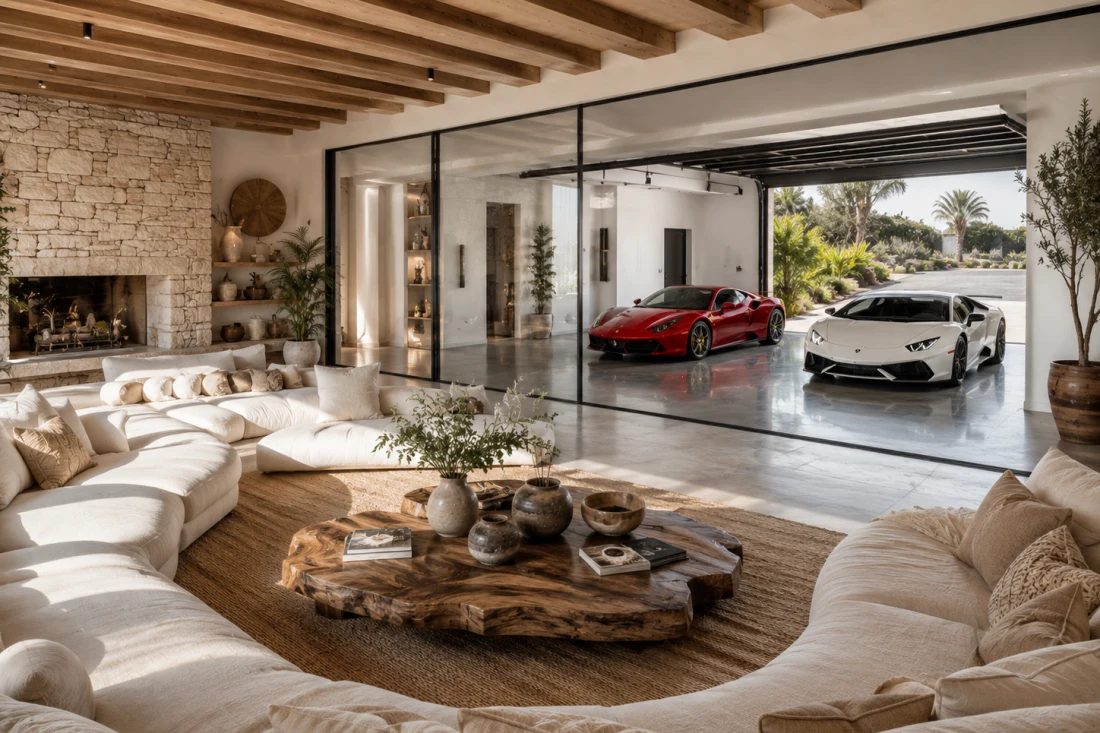 Planos de planta de una vivienda con muestras de piedra y madera, regla y lápiz