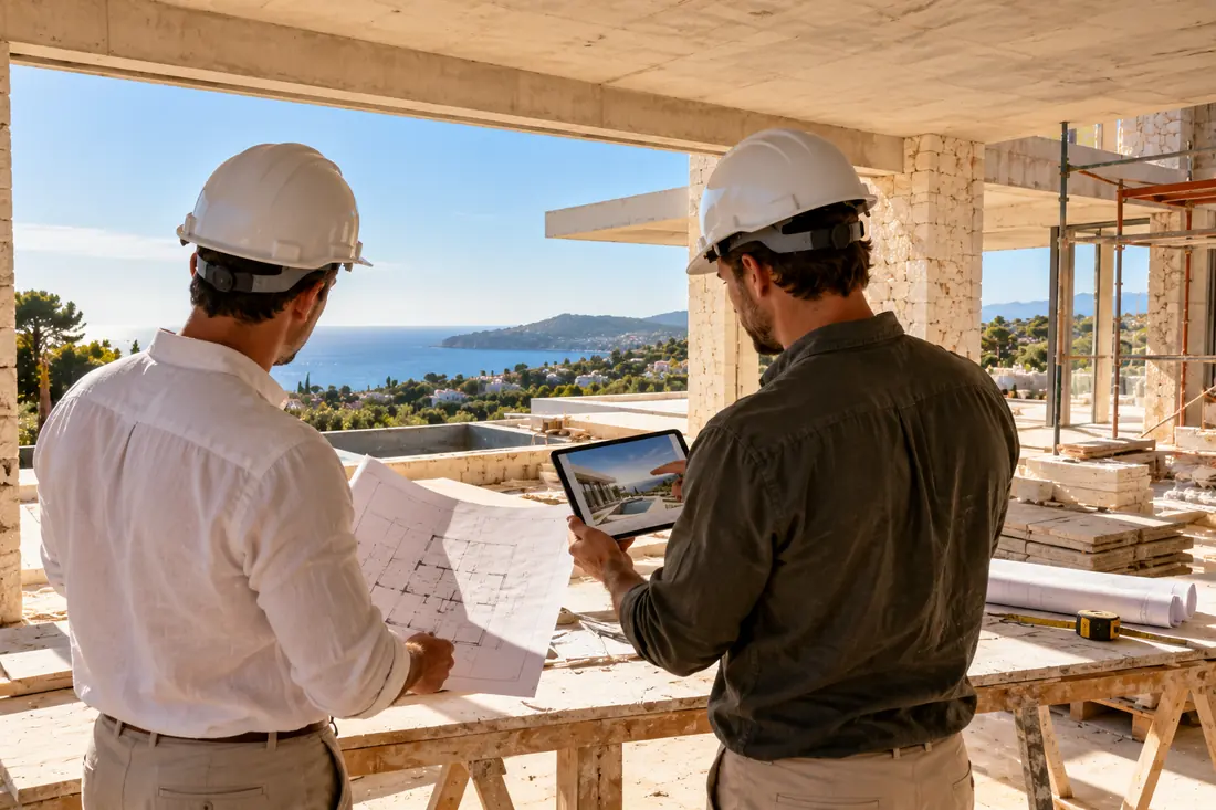 Dos profesionales con casco revisando planos dentro de una villa en obra