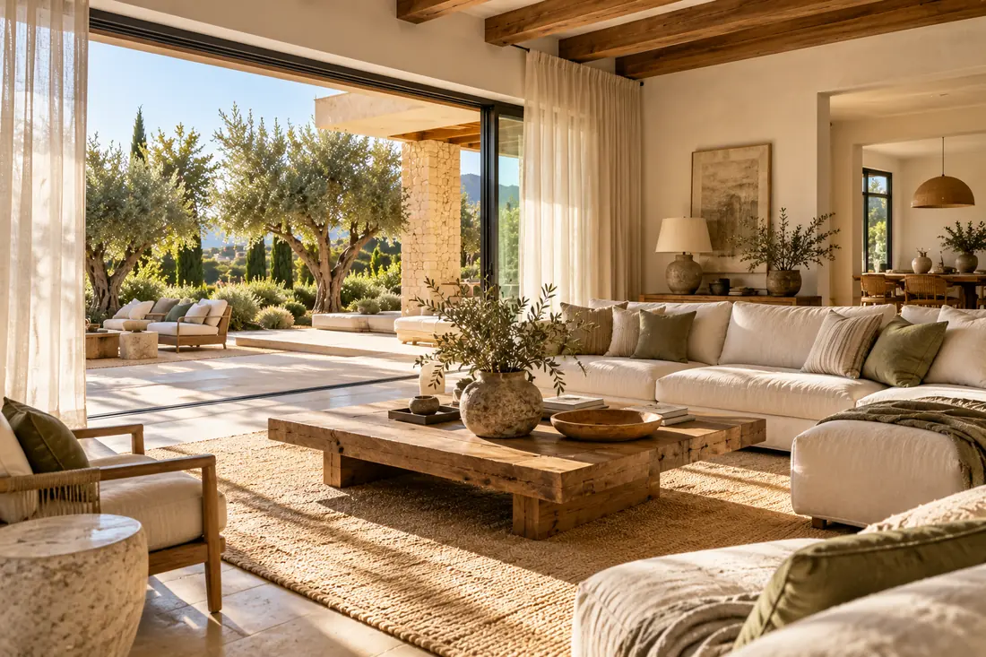 Salón de villa mediterránea decorado con lino, madera, cerámica y vigas vistas