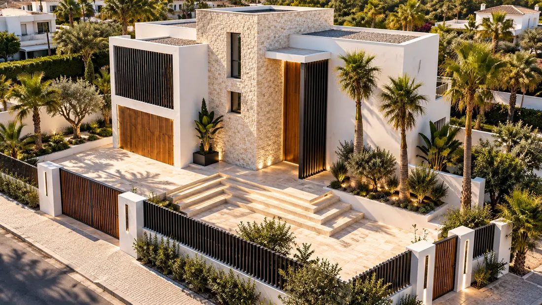 Villa contemporánea con piedra, madera y celosías vista desde la calle