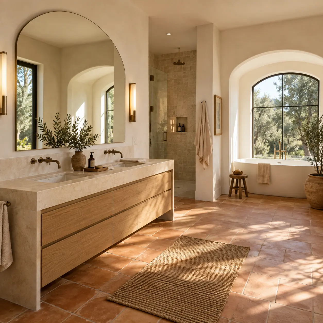 Baño mediterráneo con arcos, suelo de barro y mueble de madera