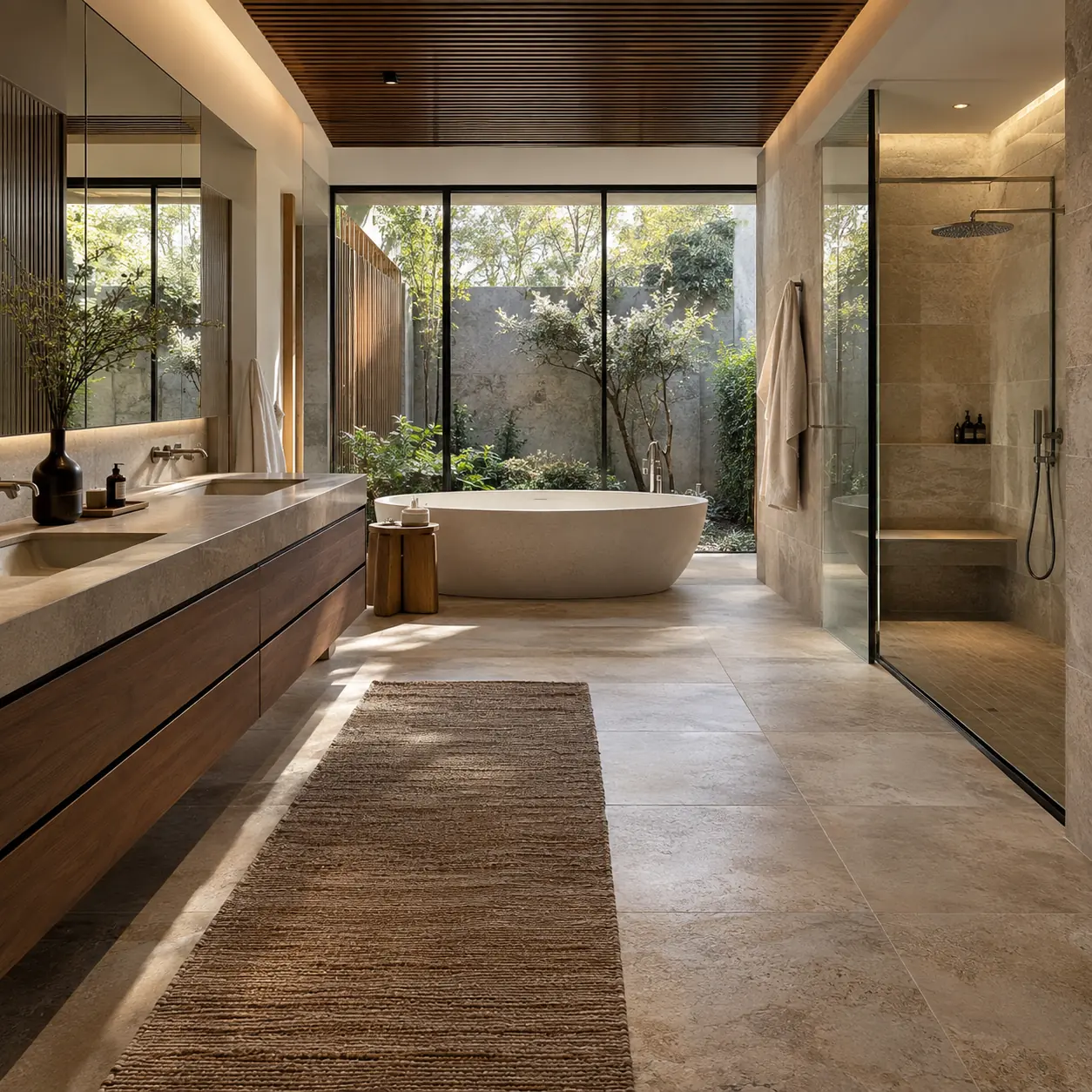Baño principal con bañera exenta, techo de madera y ventanal al jardín