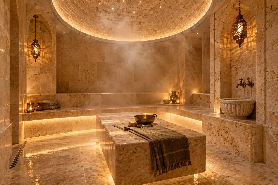 Hammam doméstico con cúpula, revestimiento de travertino y pila de piedra