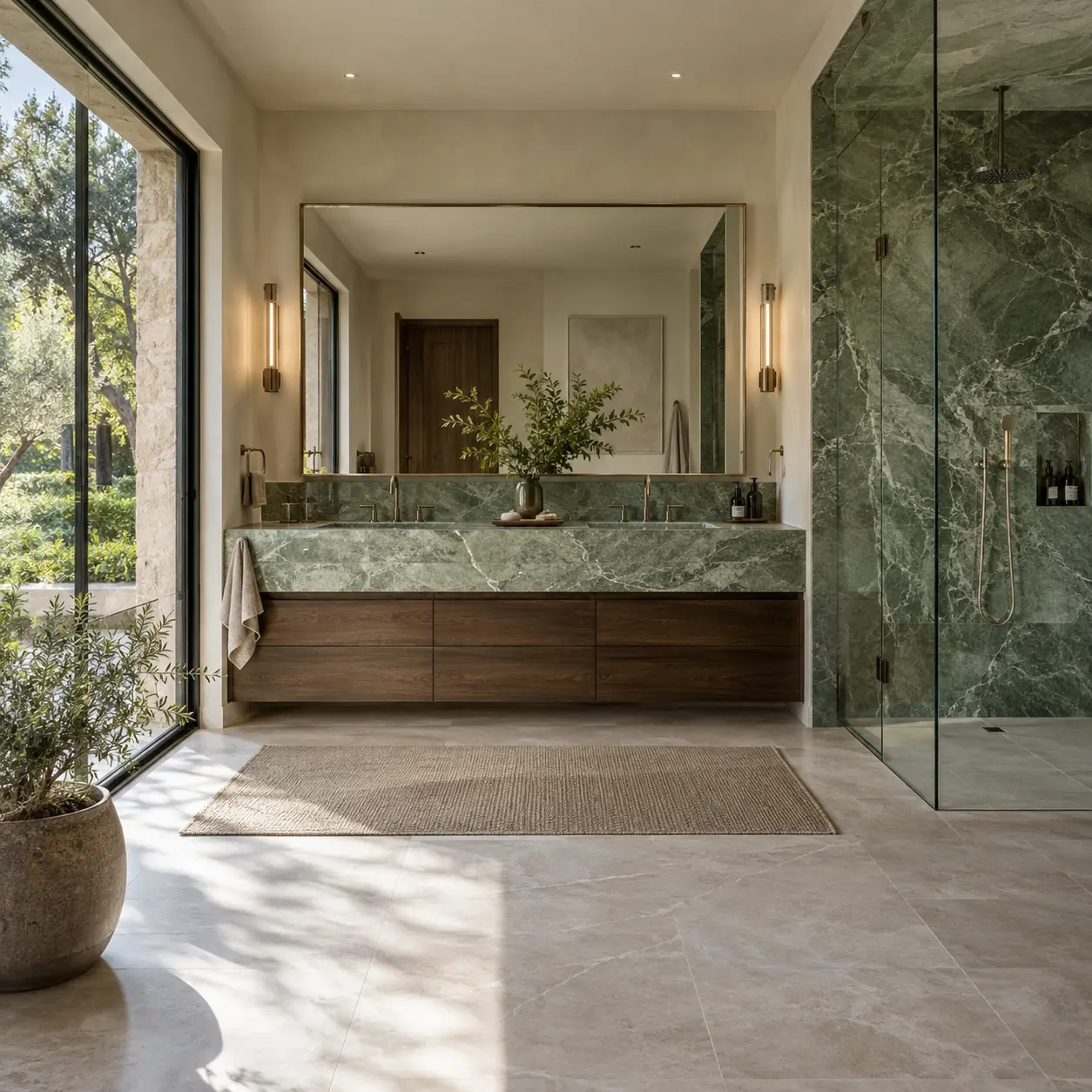 Baño con encimera y ducha de mármol verde junto a un ventanal