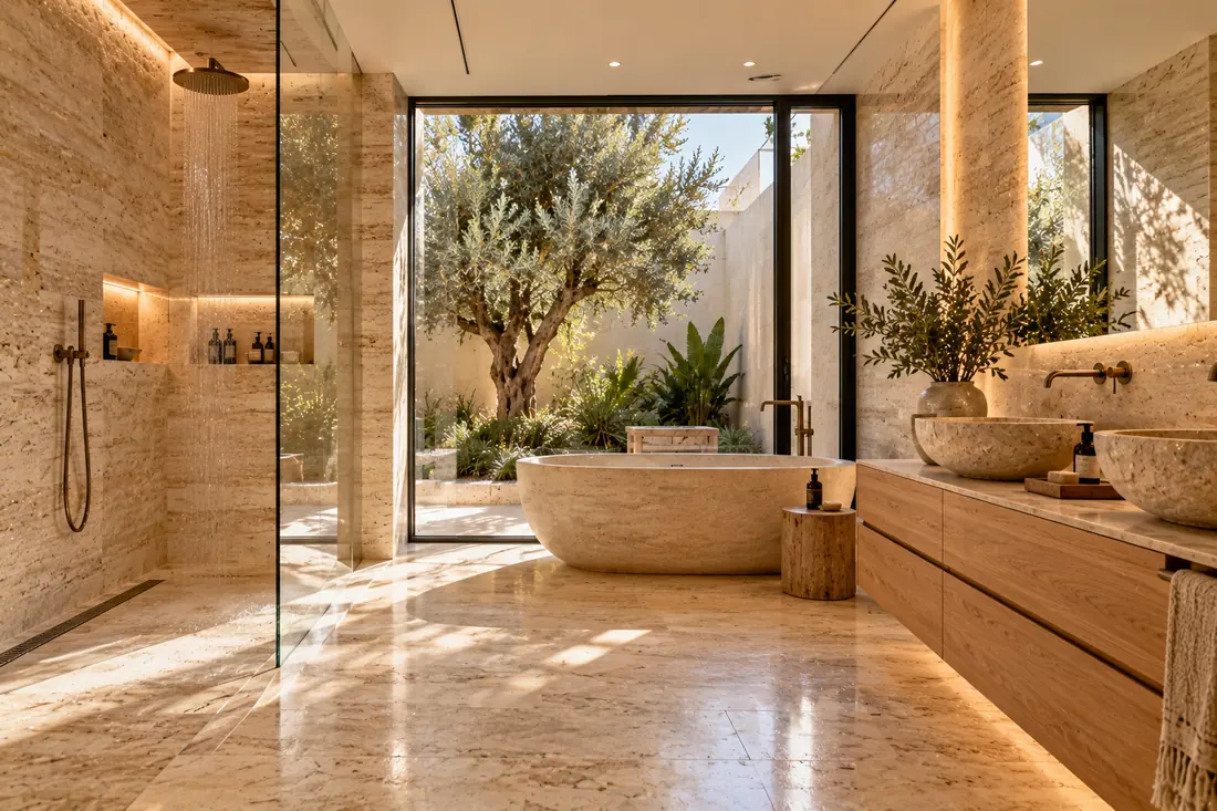 Baño principal de travertino con ducha a ras, lavabo de piedra y mueble de roble