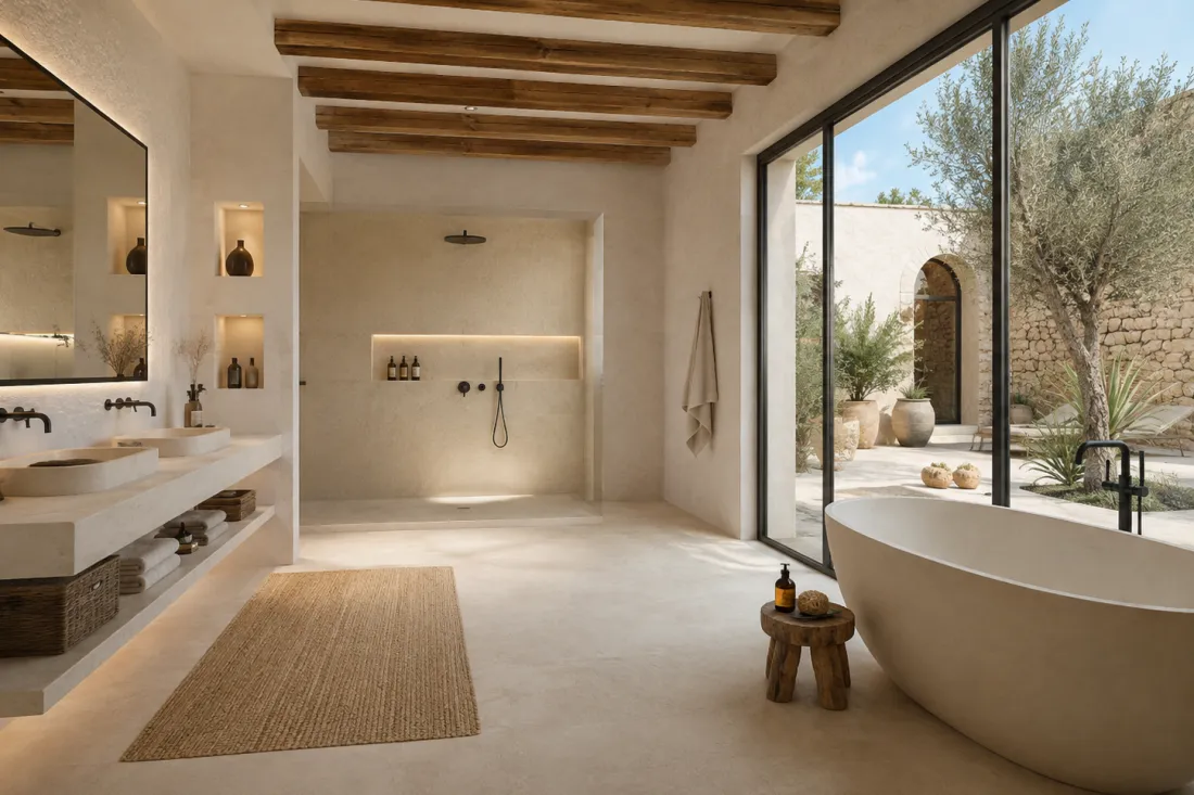 Baño con bañera exenta, ducha de obra, vigas de madera y ventanal al jardín