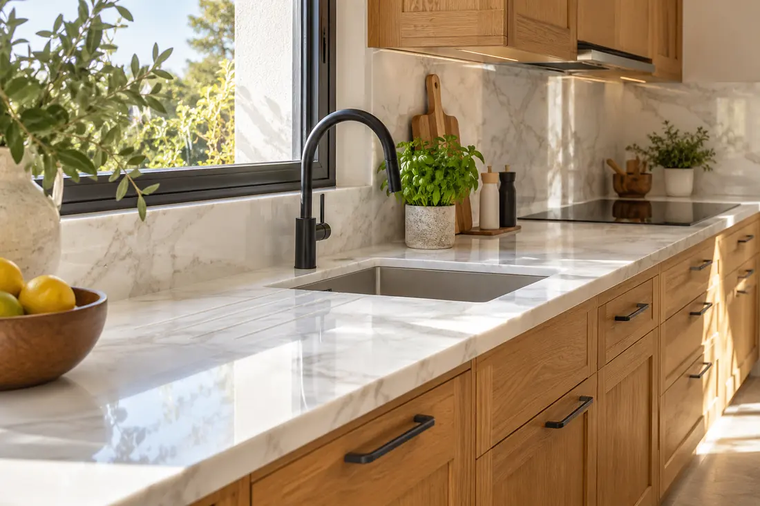 Cocina con encimera de piedra nueva sobre los muebles existentes