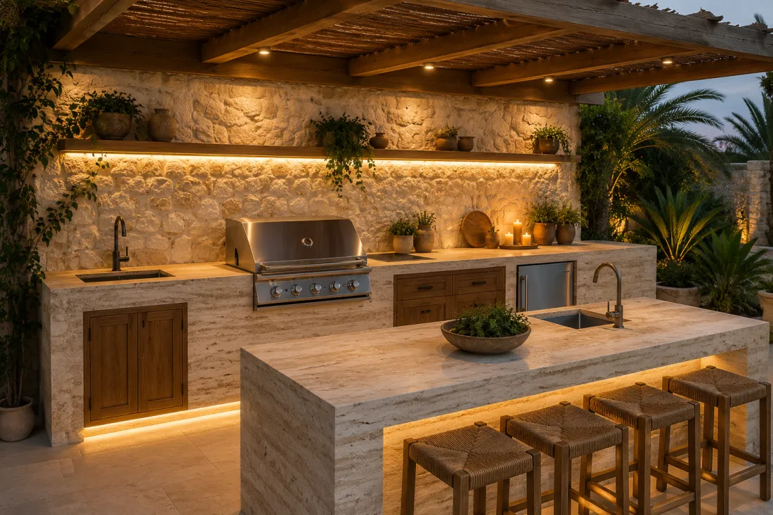 Cocina exterior de piedra natural con barbacoa de obra bajo una pérgola junto a la piscina