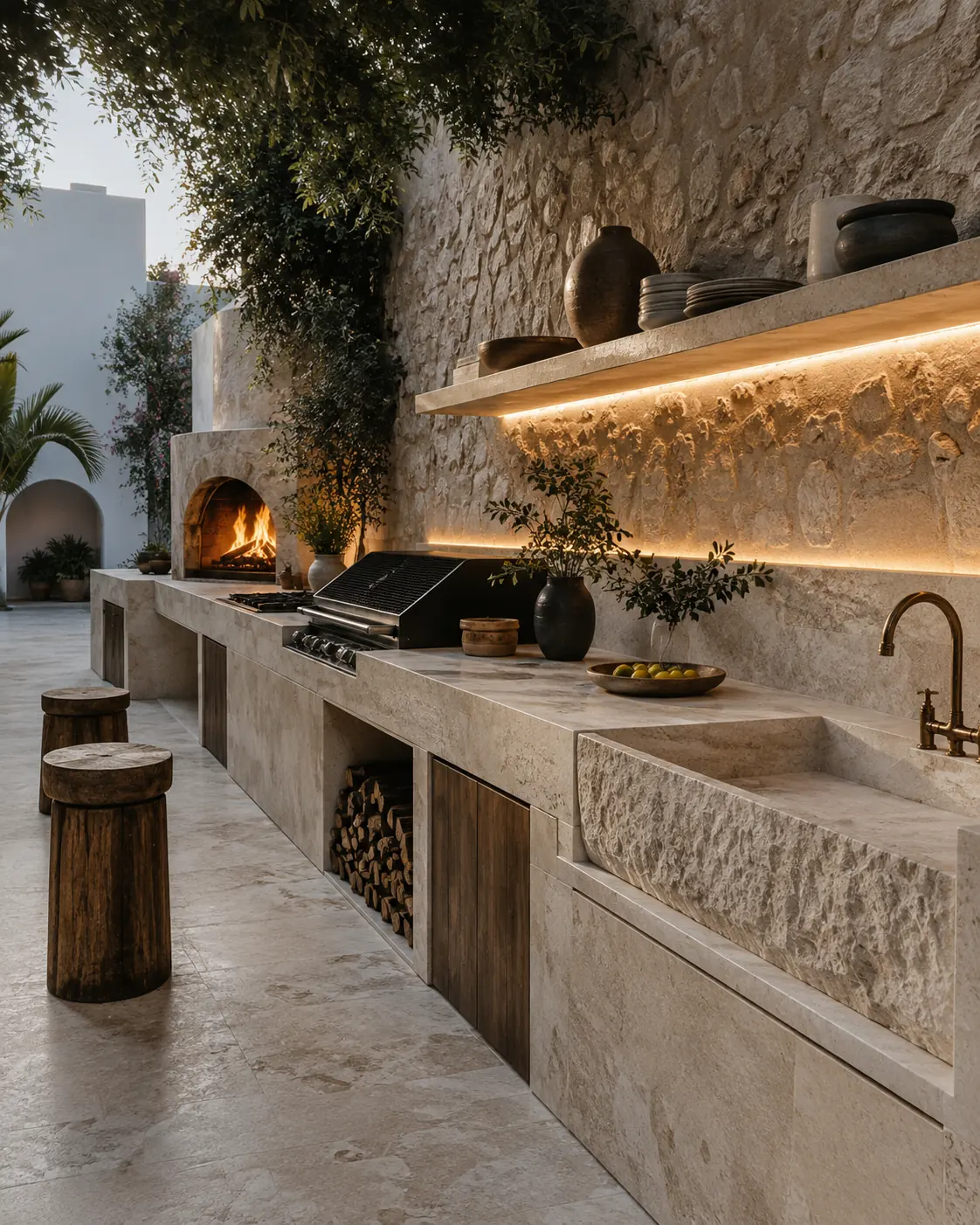 Cocina exterior con fregadero de piedra tallada y muro de piedra natural iluminado