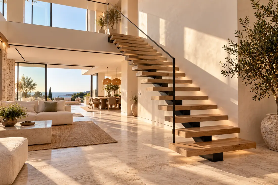 Escalera de zanca central de acero negro y peldaños de roble en un salón de doble altura