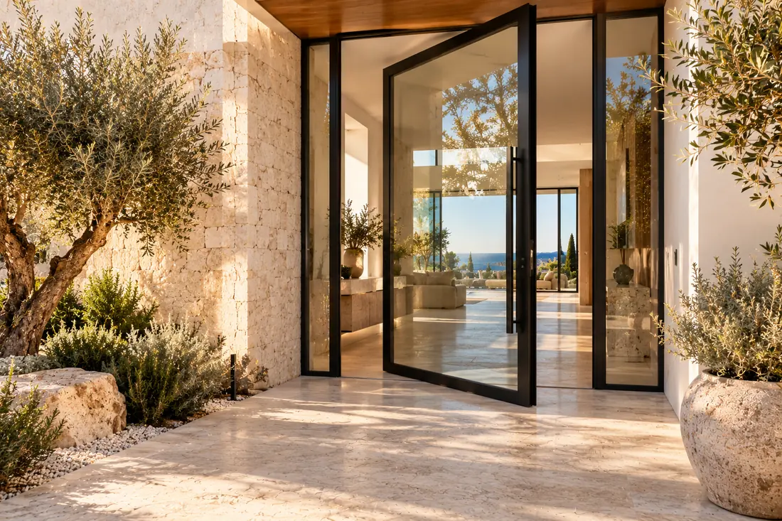 Puerta pivotante de acero negro y vidrio en la entrada de una villa con pared de piedra