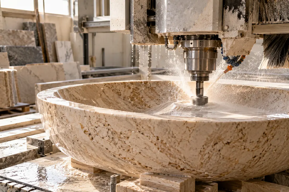 Máquina de control numérico tallando un lavabo de travertino
