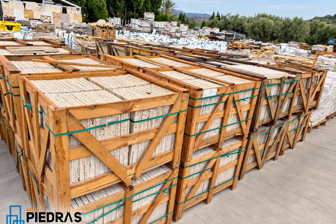 Cajas de madera con piedra natural embalada en la campa
