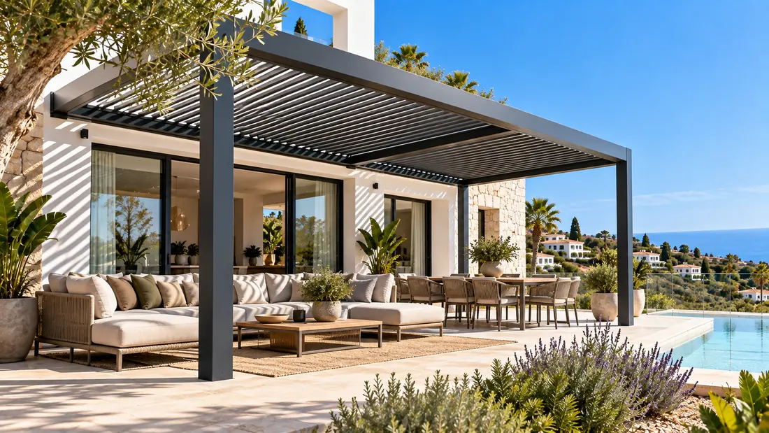 Pérgola de aluminio de lamas sobre la terraza de una villa con piscina
