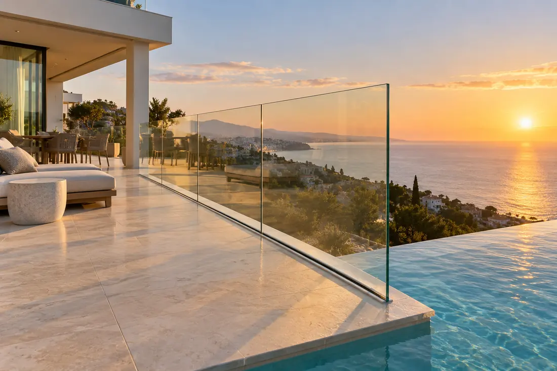 Barandilla de vidrio templado sin montantes en la terraza de una villa junto a la piscina, con vistas al mar