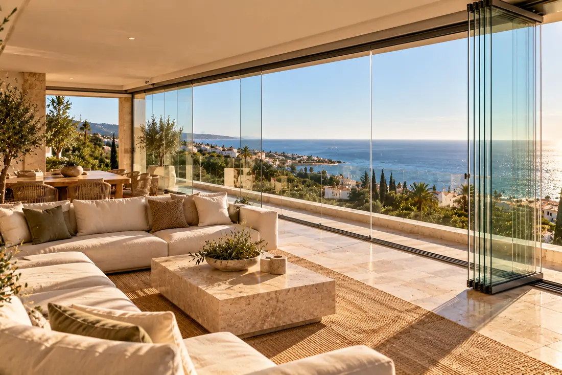 Cortinas de cristal plegables cerrando la terraza de un ático con vistas al mar