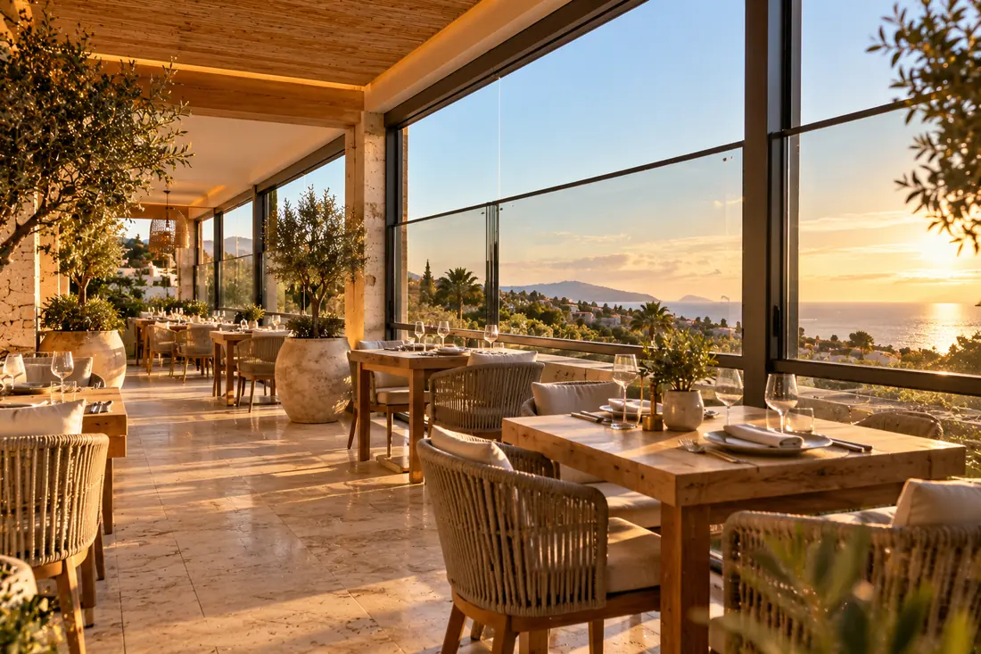 Terraza de restaurante cerrada con guillotinas de cristal a media altura