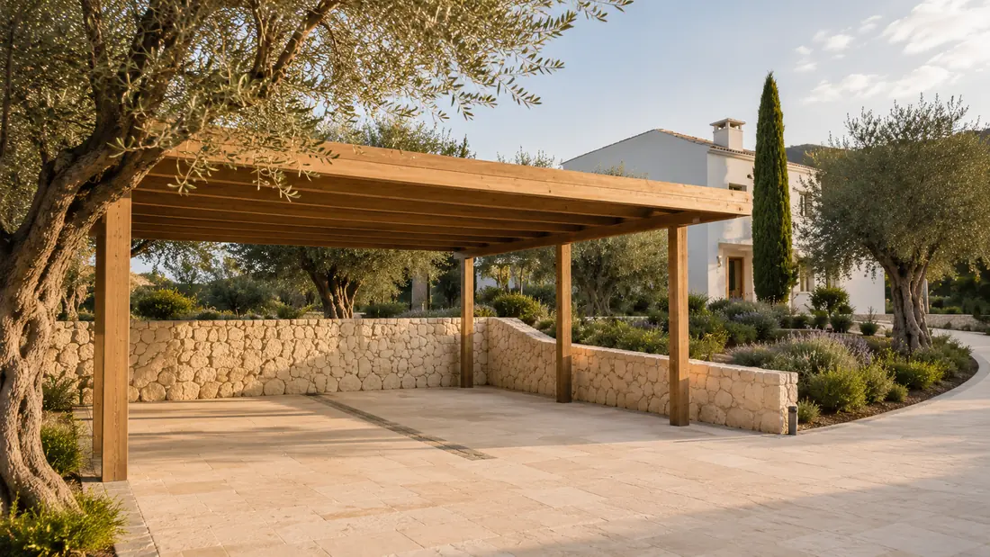 Pérgola de madera para aparcamiento junto a un muro de piedra