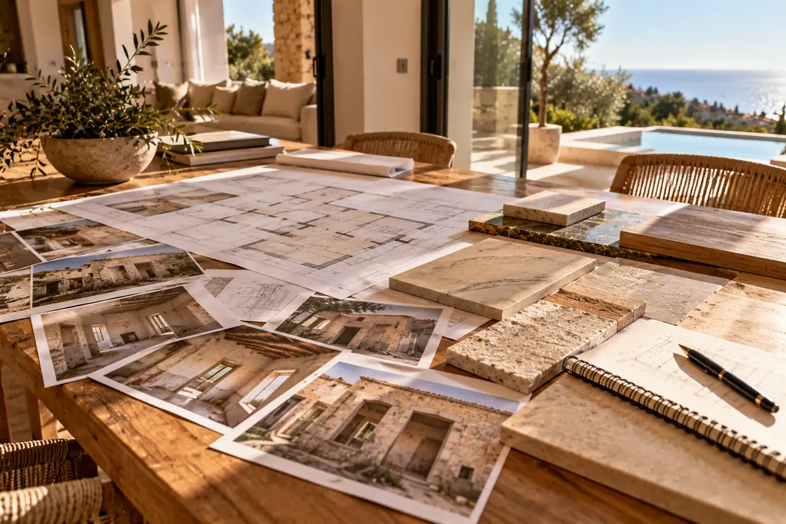 Planos de una vivienda antigua, fotografías del estado actual y muestras de materiales