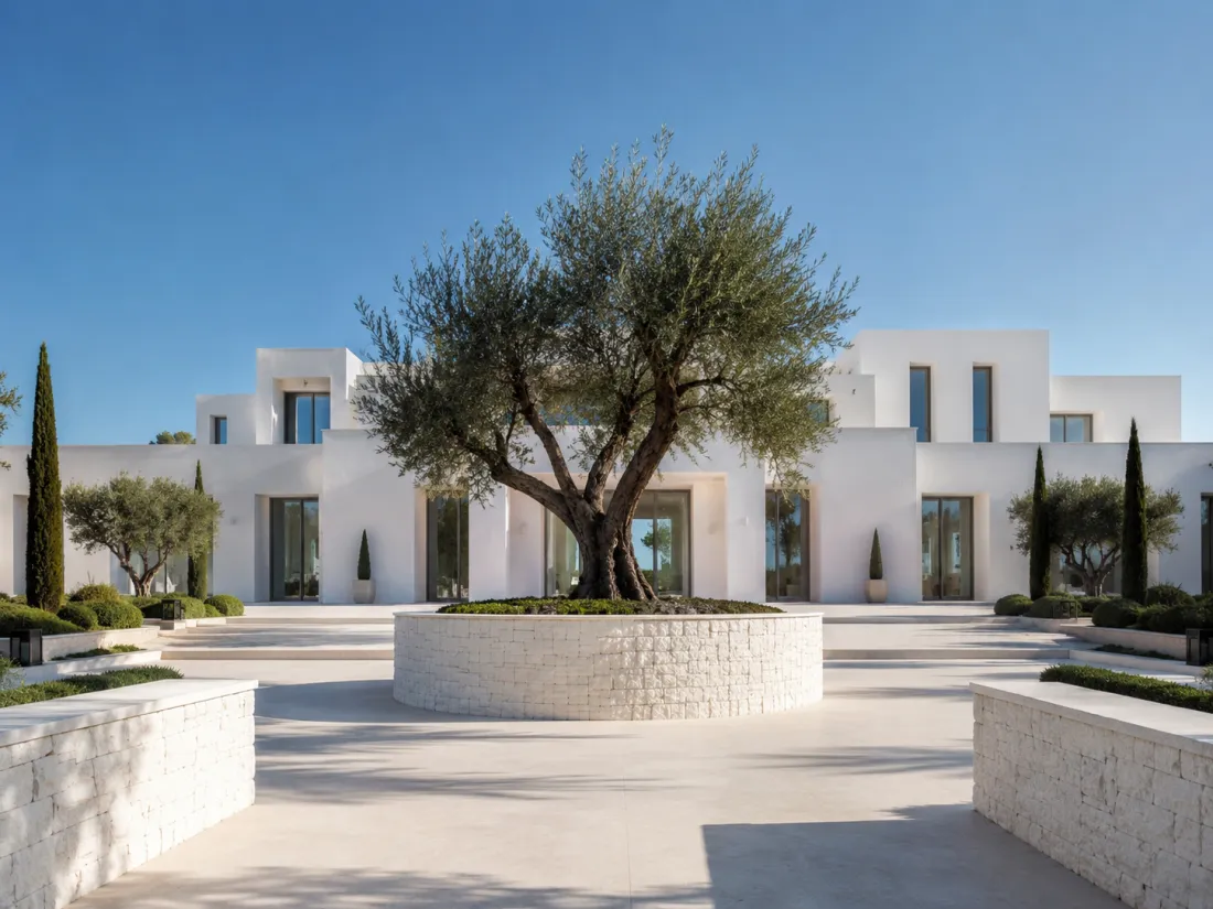 Patio de villa blanca con olivo en jardinera de piedra