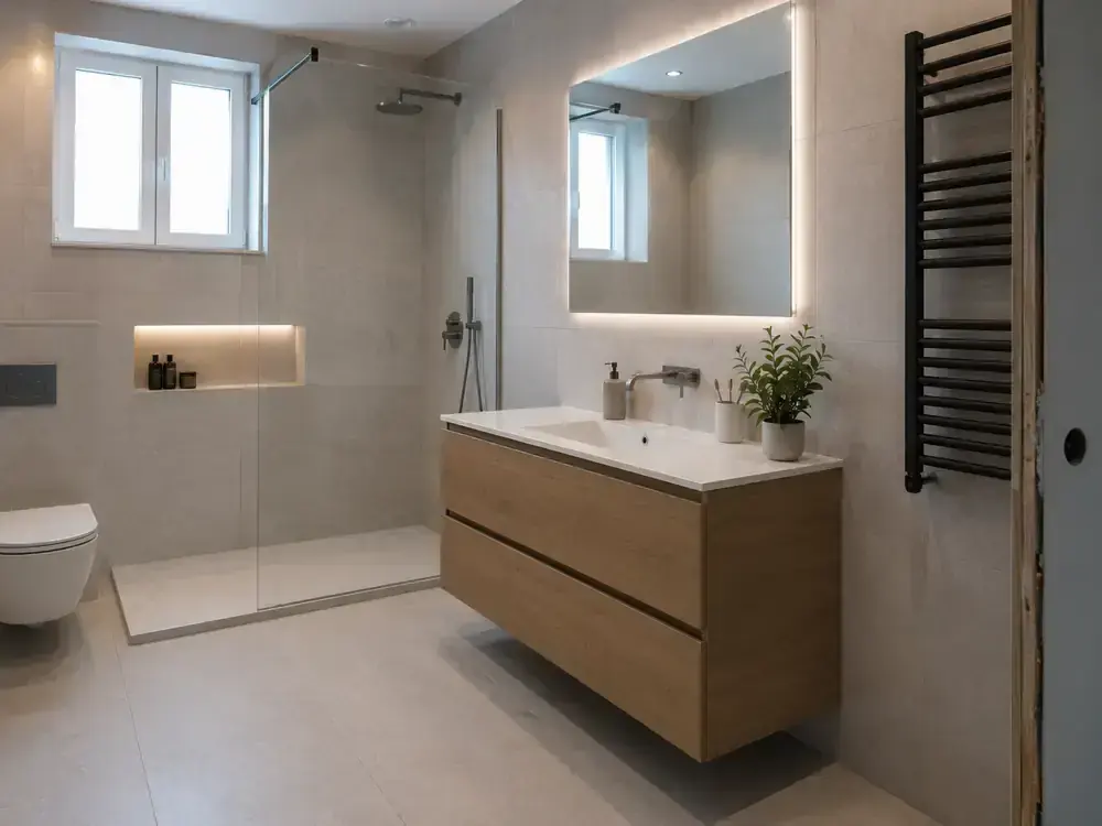 Baño moderno con ducha de obra y mueble suspendido