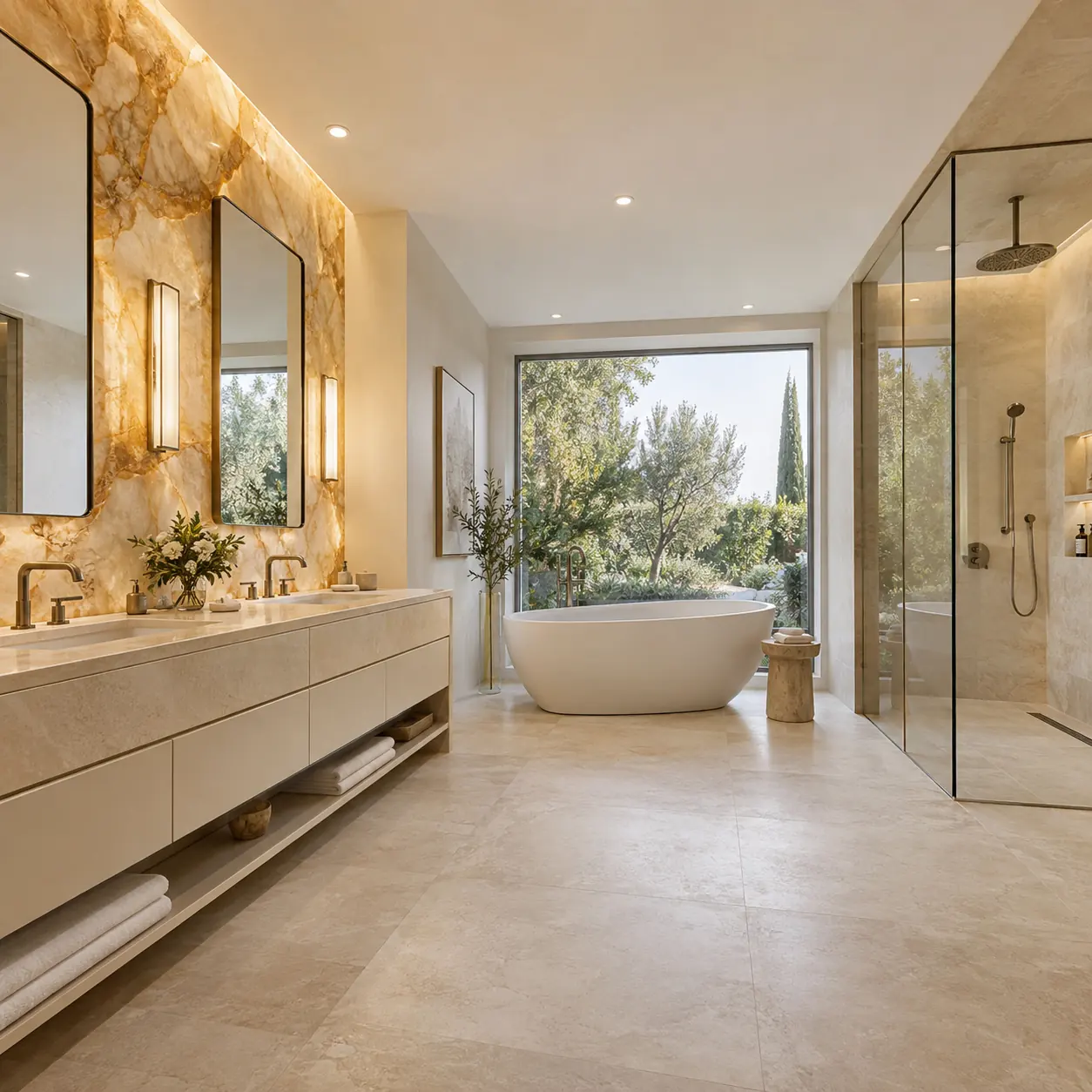 Baño con pared de ónix retroiluminada, mueble de doble lavabo y bañera ante un ventanal