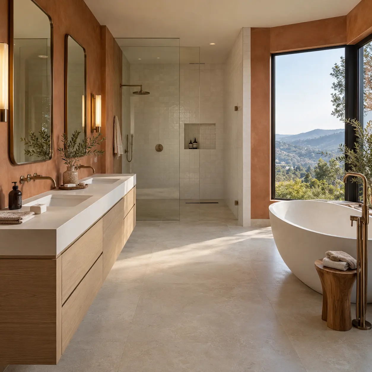 Baño con pared terracota, mueble de madera y bañera exenta con vistas a la montaña