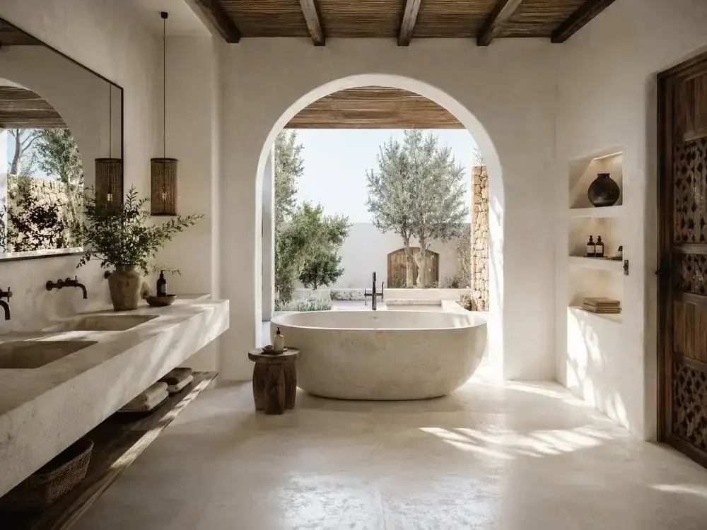 Baño en piedra natural con bañera exenta