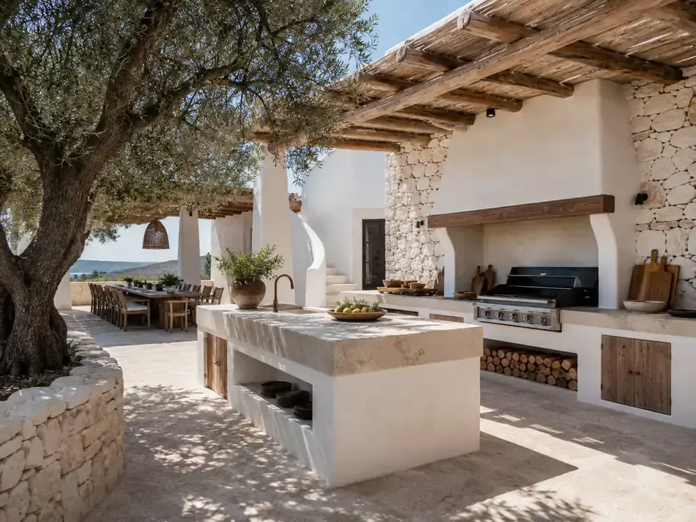 Cocina exterior de obra con pérgola y comedor