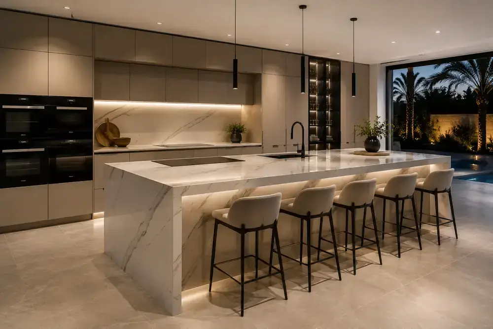 Isla de cocina en porcelánico efecto mármol