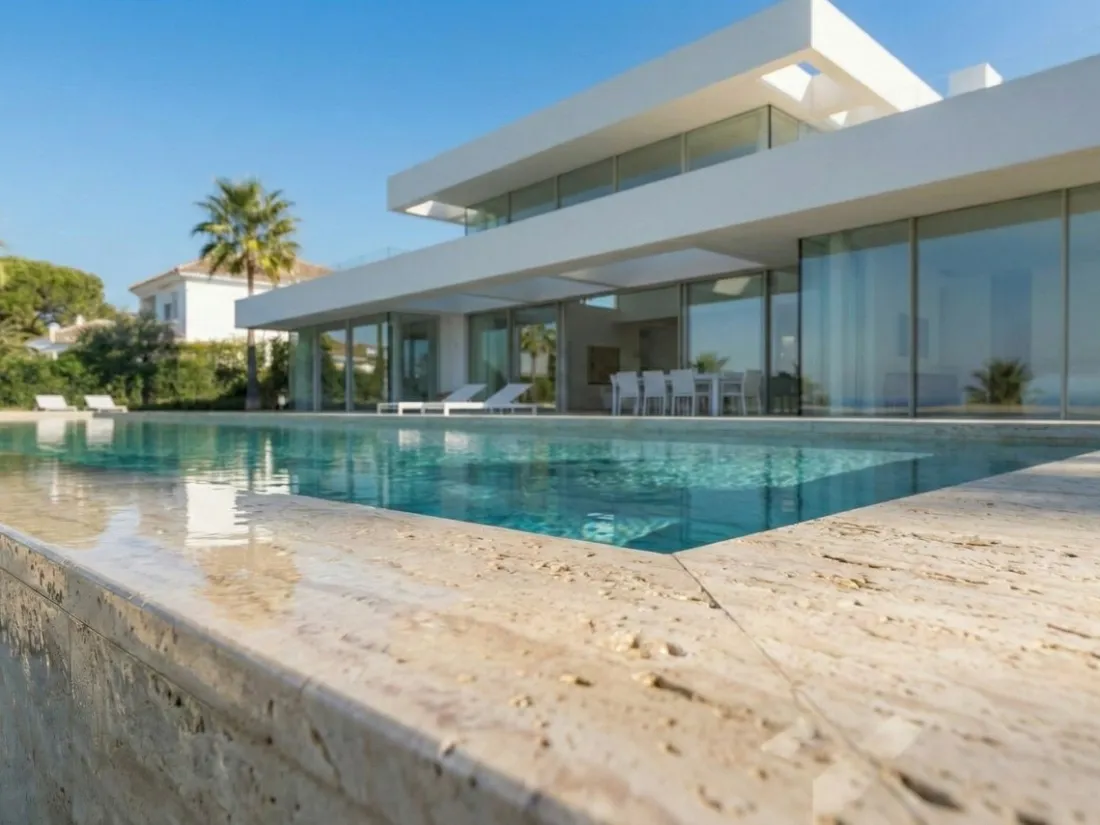 Villa contemporánea con grandes ventanales y piscina con borde de travertino