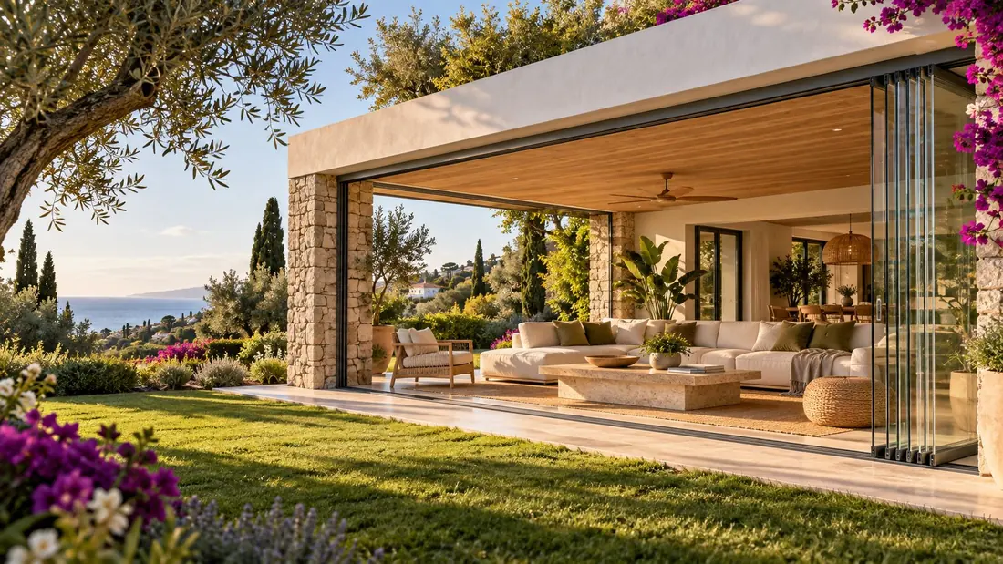 Correderas de cristal de gran formato en el porche de una villa