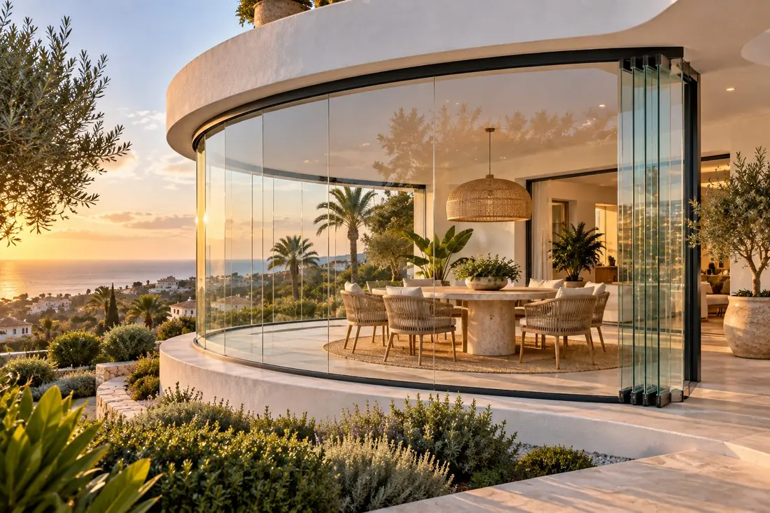 Cortinas de cristal en una terraza curva con vistas