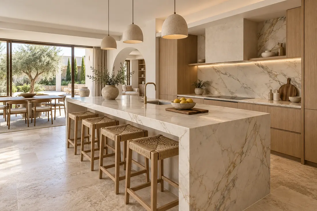 Cocina con isla de encimera porcelánica efecto mármol y caídas laterales