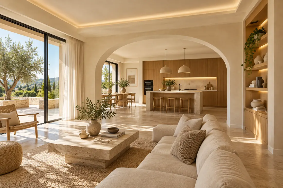 Salón y cocina de una vivienda reformada en Málaga, con suelo de travertino y carpintería de roble