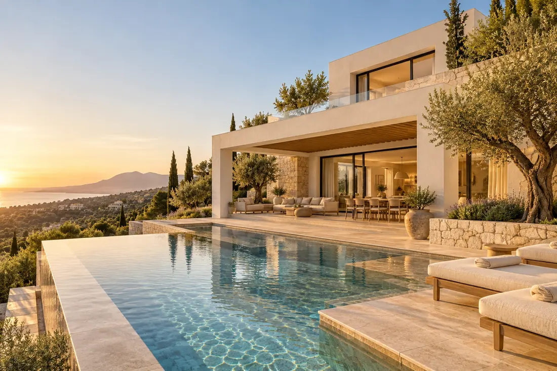 Villa mediterránea contemporánea con piscina desbordante y solado de travertino