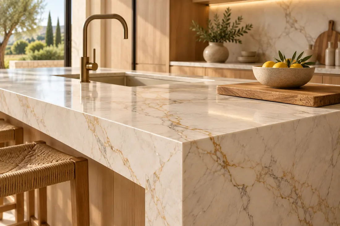 Detalle de encimera porcelánica efecto calacatta con canto a inglete