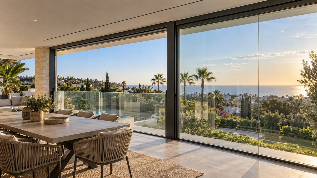 Comedor con gran paño de vidrio de suelo a techo sobre barandilla de cristal y vistas al mar