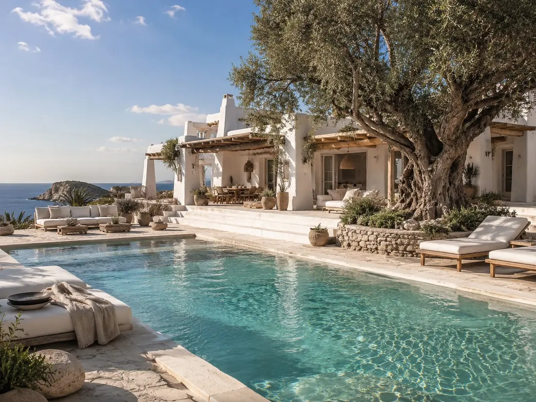 Cortijo blanco con piscina, olivo centenario y vistas al mar