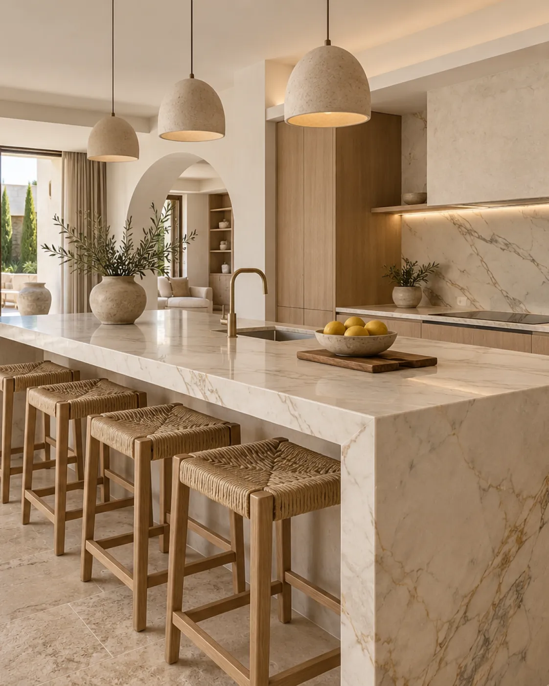 Cocina con isla de encimera de piedra clara y lámparas colgantes