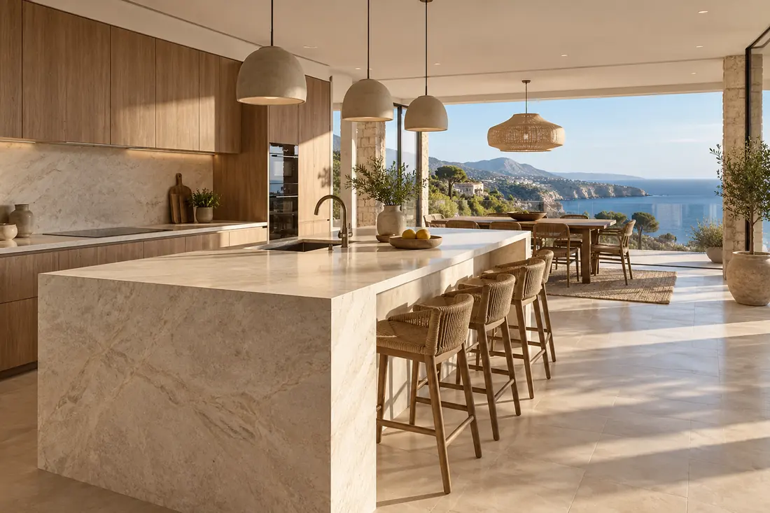Cocina abierta con isla de encimera de piedra clara y comedor con vistas al mar