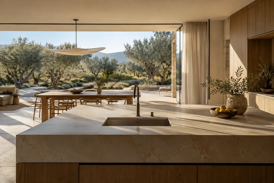 Cocina con isla de piedra clara, comedor y ventanales abiertos a un jardín de olivos