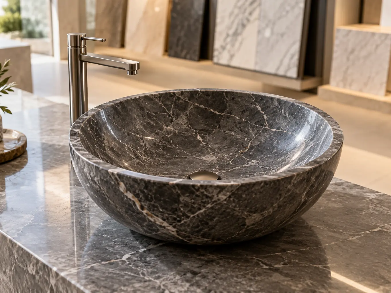 Lavabo redondo de mármol gris oscuro sobre encimera con los muestrarios de la exposición al fondo