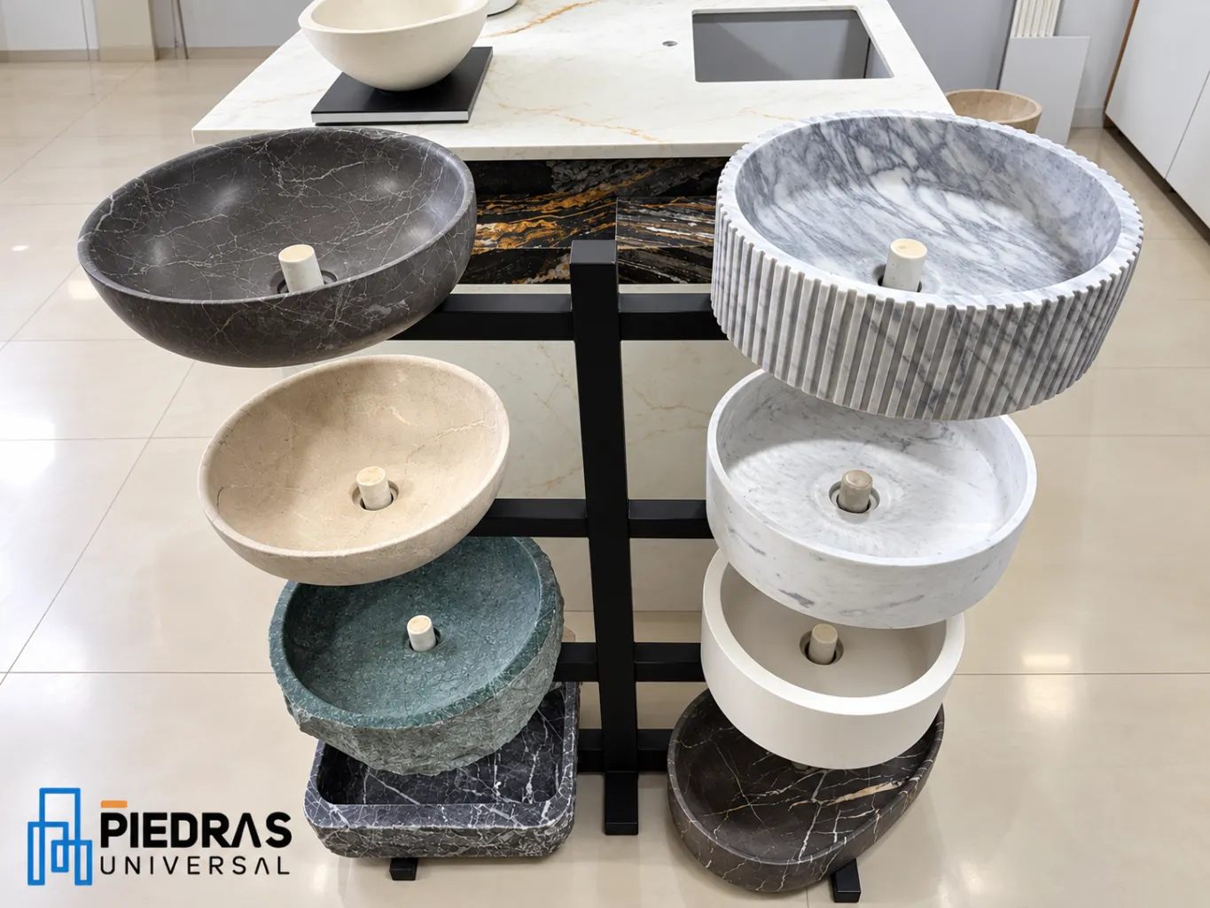 Expositor con lavabos de bol de mármol y piedra en varios colores