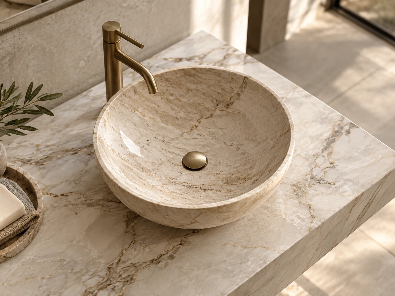 Lavabo de bol tallado en mármol crema sobre encimera de piedra